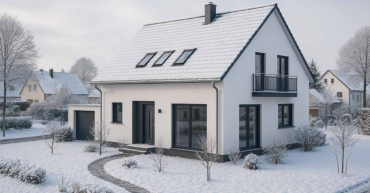 Modernes Einfamilienhaus in verschneiter Winterlandschaft; symbolisiert den Immobilienverkauf in der kalten Jahreszeit und die Chancen einer gelungenen Präsentation im Winter. | Immobilienverkauf