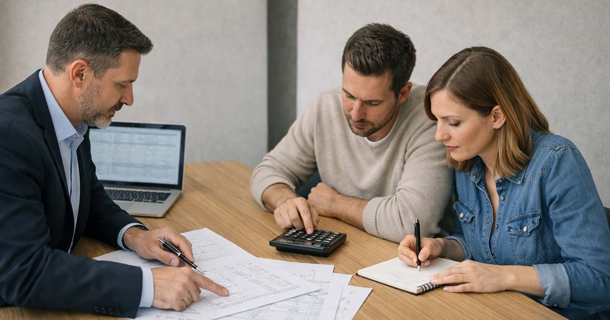 Ein Immobilienmakler sitzt mit einem Paar (ca. 30–45 Jahre) an einem Tisch. Auf dem Tisch liegen sichtbar strukturierte Unterlagen mit Kostenaufstellungen, Taschenrechner, Notizblock mit Zahlen, Laptop mit Tabellenansicht. Der Makler zeigt mit einem Stift auf eine Kostenposition, während das Paar konzentriert mitrechnet. Immobilienkauf