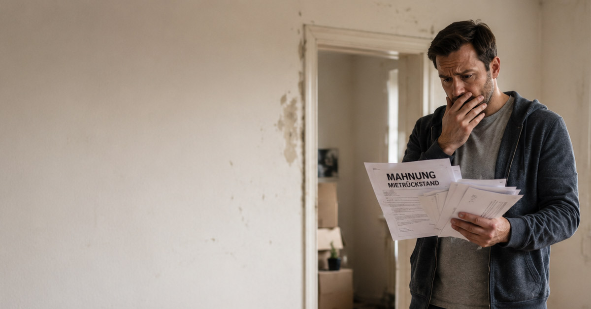 Besorgter Vermieter prüft Mahnung wegen Mietrückstand in beschädigter Wohnung I Mietnomaden