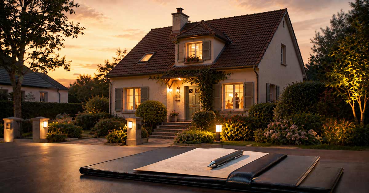 Einfamilienhaus bei Abendlicht mit Vertragsunterlagen im Vordergrund als Symbol für den Immobilienverkauf mit Wohnrecht. I Verkauf mit Wohnrecht