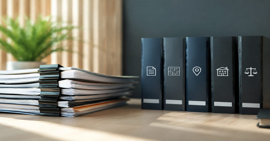 Dokumente beim Immobilienverkauf: Ordner und Unterlagen auf einem Schreibtisch symbolisieren die Vorbereitung und Verwaltung wichtiger Immobilienverkaufsdokumente. I Dokumente beim Immobilienverkauf