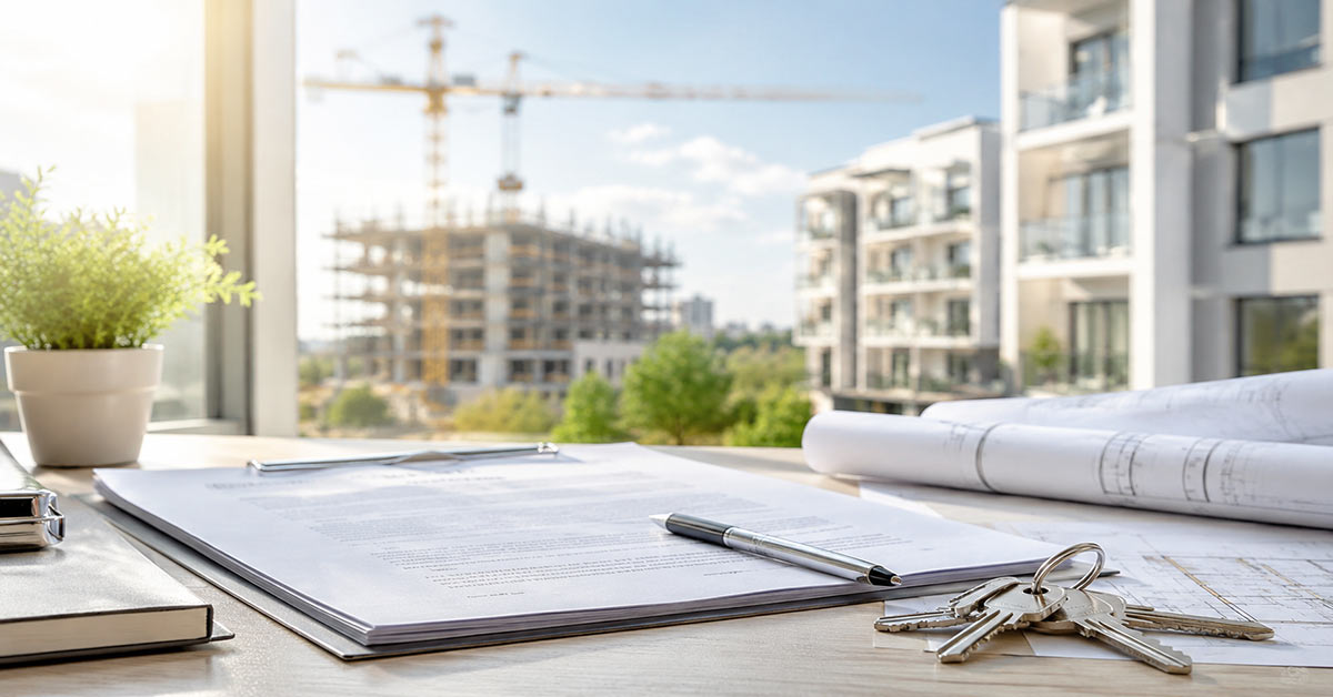 Kaufunterlagen, Baupläne und Schlüssel auf einem Schreibtisch vor moderner Neubauarchitektur – symbolisch für den Kauf einer Immobilie vom Bauträger. I Kauf vom Bauträger